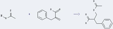 2-Benzyl acrylic acid can react with thioacetic acid to get 2-acetylsulfanylmethyl-3-phenyl-propionic acid